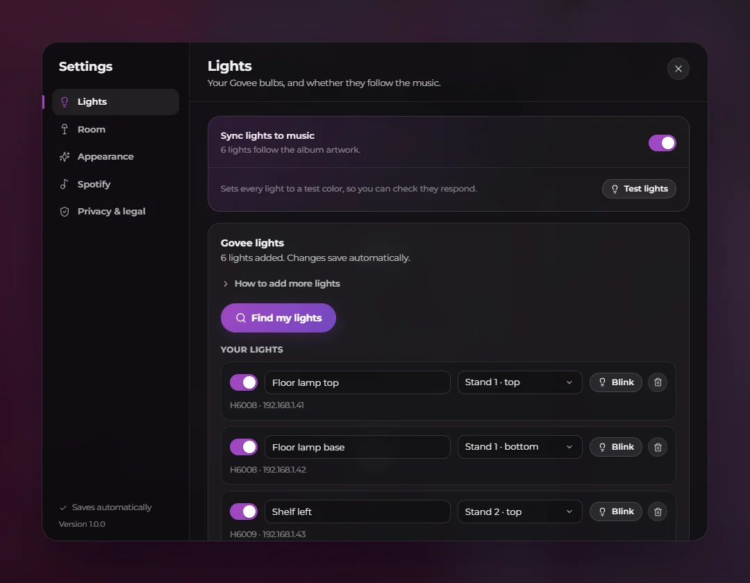 Huephony Settings, Lights page: a list of six Govee bulbs with names, spots and Blink buttons